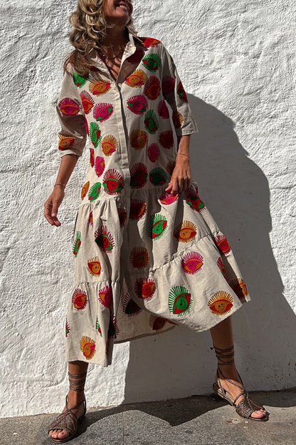 Take Me To Cabo Ethnic Unique Print Button Loose Shirt Midi Dress