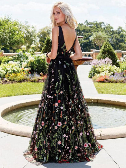 Flower Embroidered Women Maxi Dress - Black V-Neck Tulle Gown - Spring Evening Prom 2026