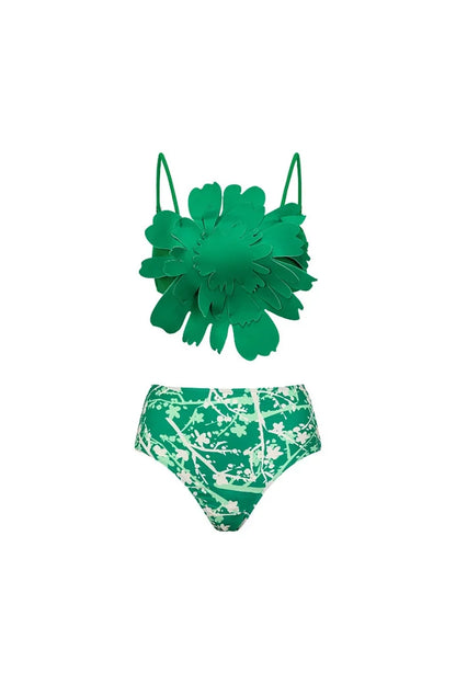 Floral Accent Green Printed Bikini Set