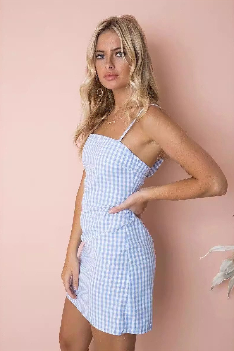 Gingham Print Square Neck Spaghetti Strap Bodycon Mini Dress