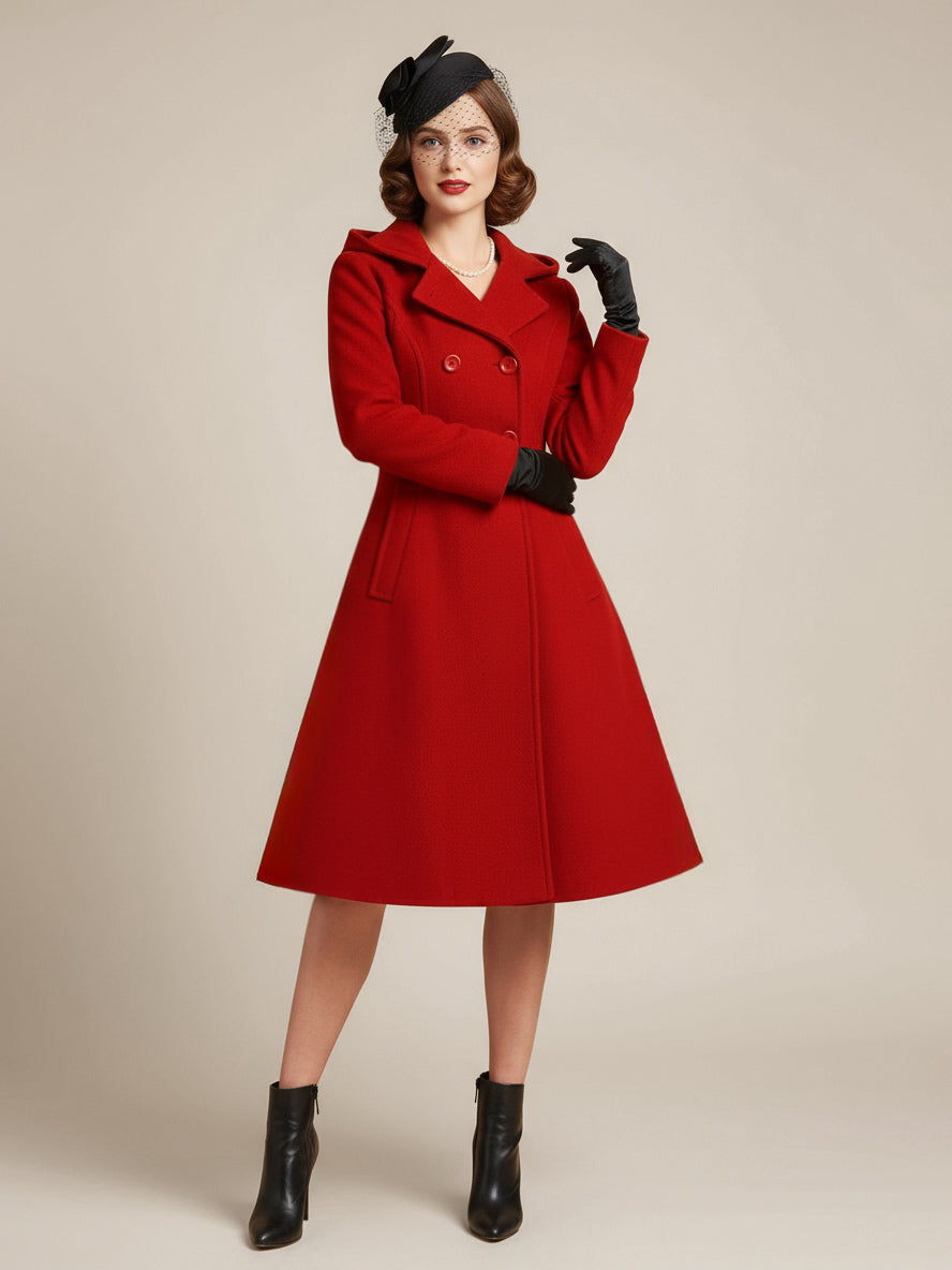 Vintage Hooded A-line Double-breasted Woolen Midi Coat For Women 2026