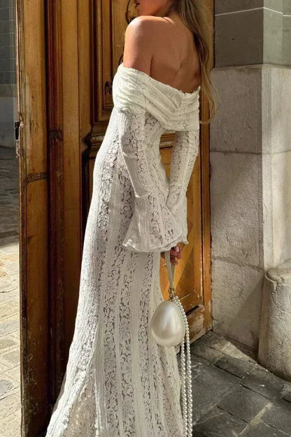 Off Shoulder Lace Drawstring Bust Bell Sleeve Mermaid Maxi Dress