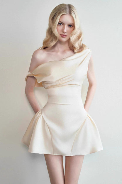 Asymmetric Drape Neck One Sleeve Pleated Bubble Hem Mini Dress