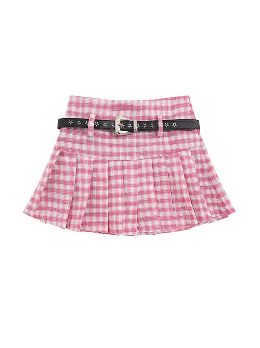 Plaid Pleated With Star Belt Mini Skirts