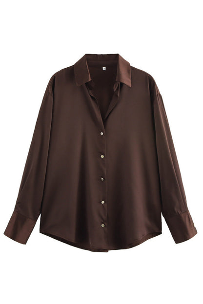 Solid Color Silk Satin Texture Single-breasted Long-sleeved Loose Shirt