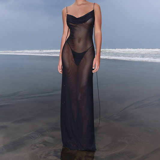 Cowl neck mesh backless cami maxi dress