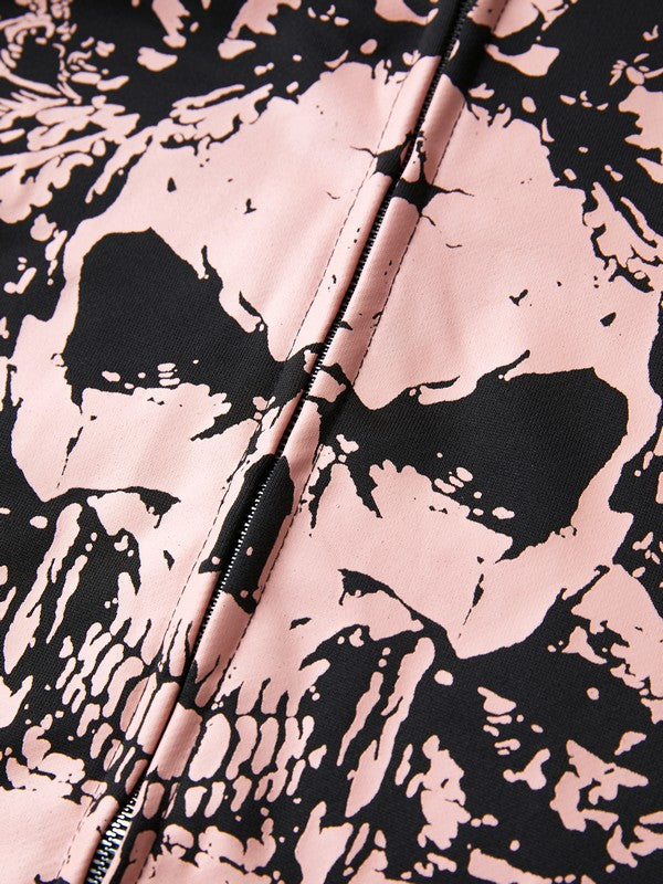 Black Vintage Skull Print Zip Up Oversized Hoodie