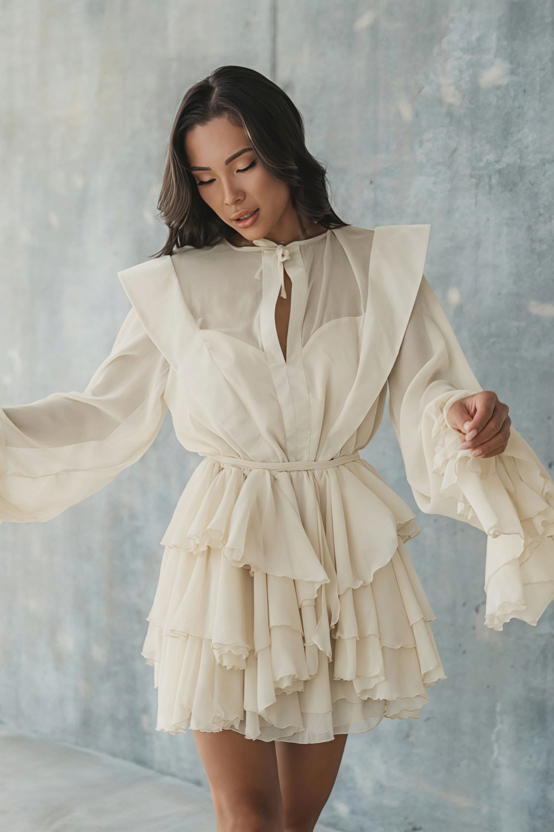 Tie Neck Sheer Mesh Bishop Sleeve Tiered Ruffle Mini Dress