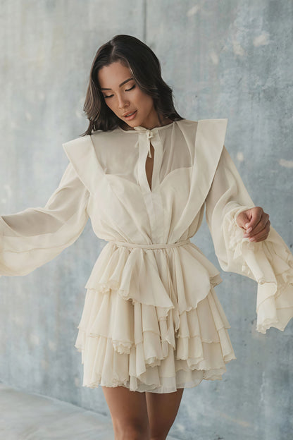 Tie Neck Sheer Mesh Bishop Sleeve Tiered Ruffle Mini Dress