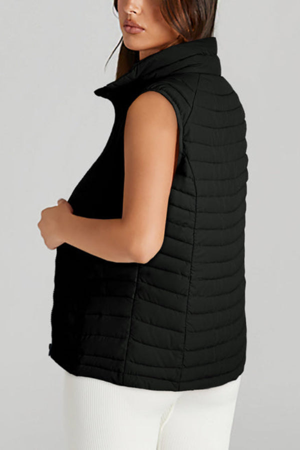 Plush Collared Quilted Zipped Puffer Vest