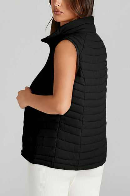 Plush Collared Quilted Zipped Puffer Vest