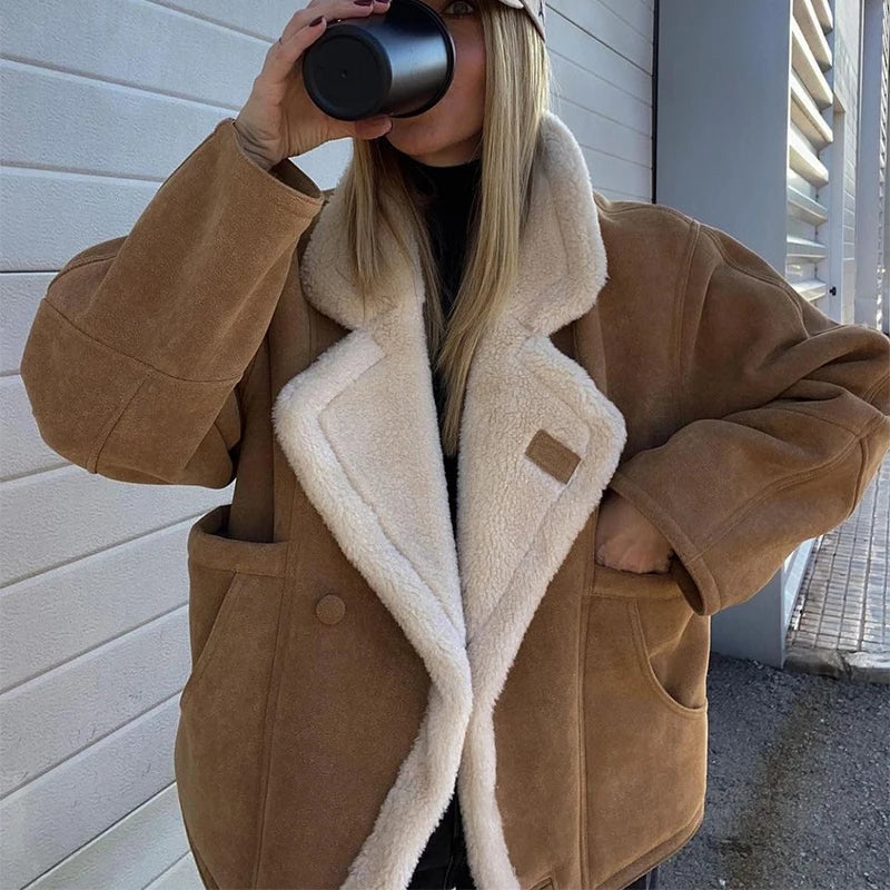 Fashion Lamb Woolen Spliced Warm Coat For Women Vintage Side Buttons Lapel Full Sleeve Jackets Lady Autumn Winter Thick Outwear