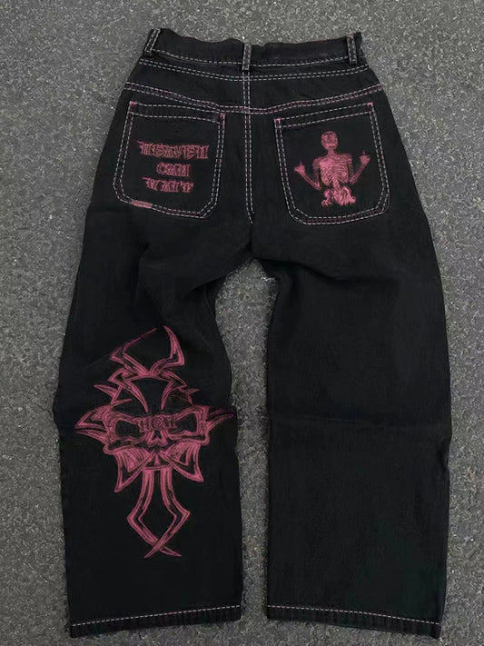 Fully Embroidered Skull Boyfriend Jeans