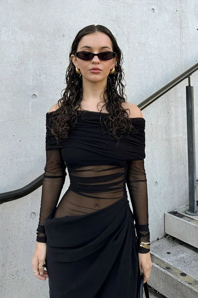 Off Shoulder Sheer Mesh Long Sleeve Ruched Bodice Draped Waist Panel Maxi Dress