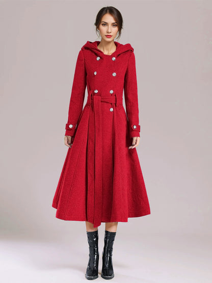 Double-breasted Woolen Coat With Hood Burgundy Belted Winter Long Outerwear For Women 2026
