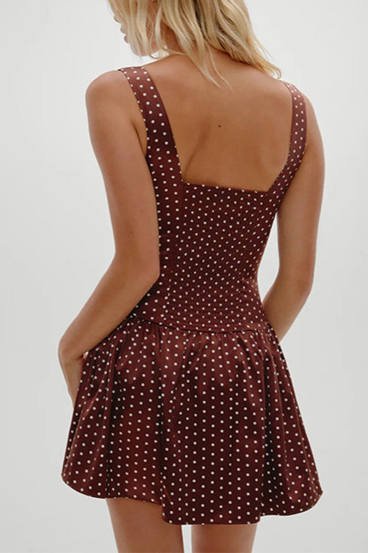 Lace Trim Scoop Neck Polka Dot Drop Waist Corset Mini Dress
