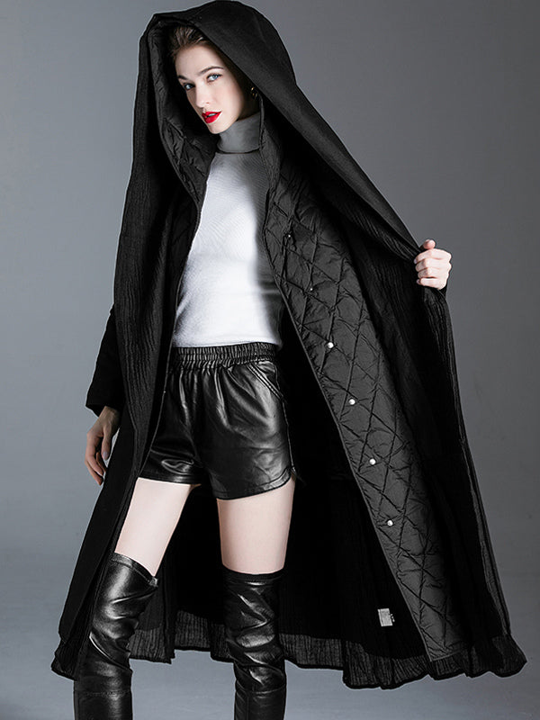 Black Down Coat Hooded Belted Long Winter Outerwear For Women