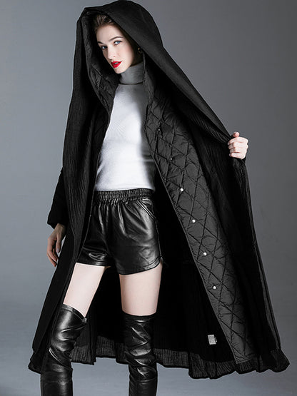 Black Down Coat Hooded Belted Long Winter Outerwear For Women