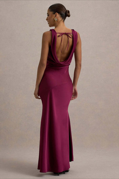 Satin Bodycon Backless Fish Maxi Dress