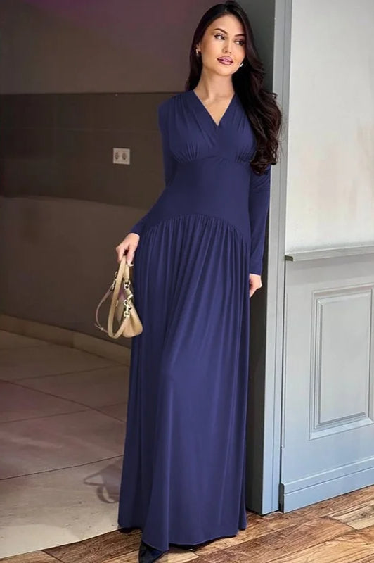 Surplice V-Neck Empire Waist Pleated Long Sleeve Maxi Dress