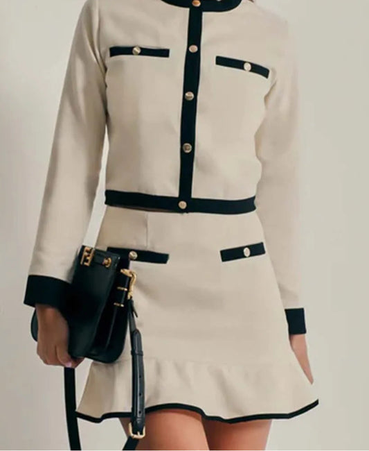 Beige Patchwork Pockets Mini Office Two Piece Set