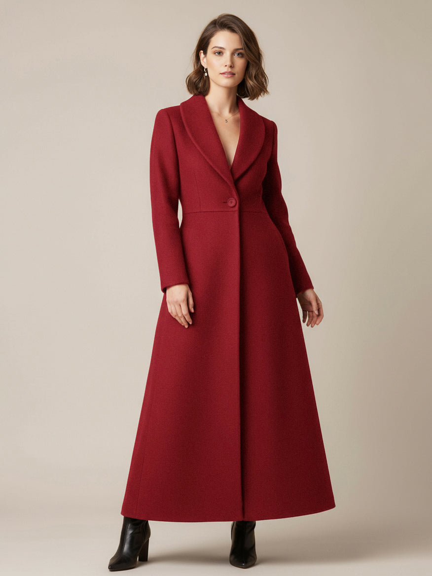 Shawl Collar Full-Length Woolen Coat With A-Line And V-Neck For Women 2026