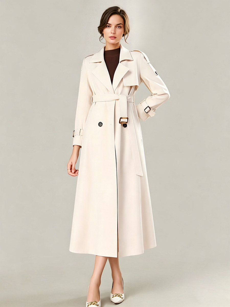 Trench Coat For Women Modern Turndown Collar Buttons Full Length Coat