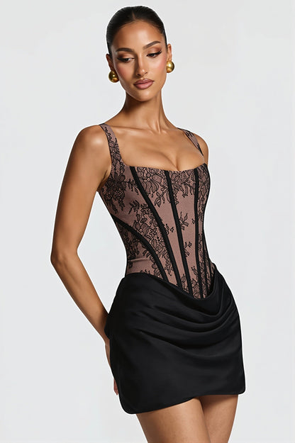 Floral Lace Corset Bodice Draped Satin Ruched Mini Dress