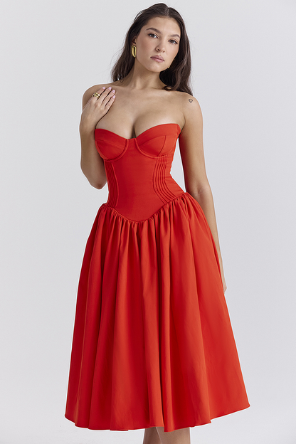 Strapless Corset Pleated Hem Prom Party Midi Dresses-Red
