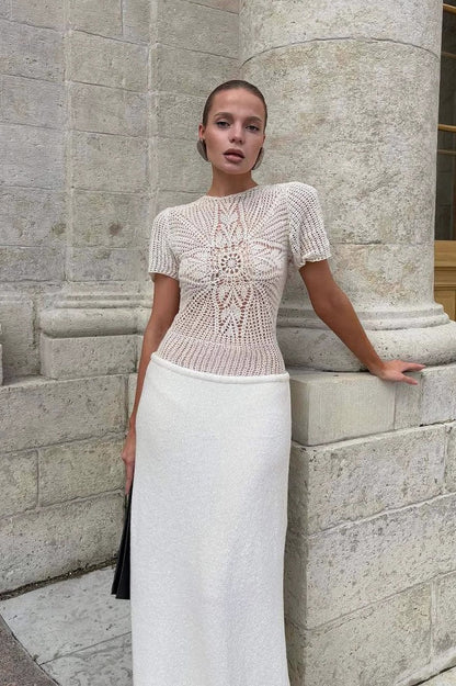 White Hollow Out Patchwork Maxi Dress