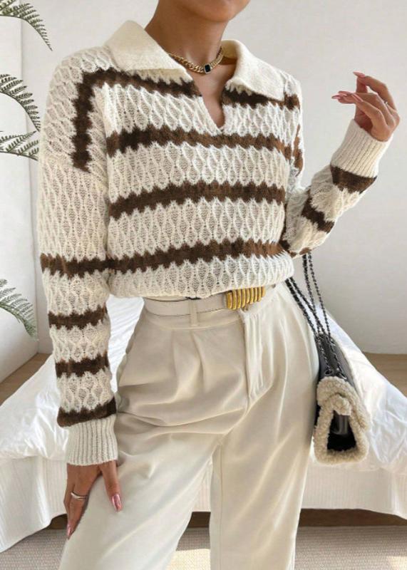 Polo Collar Textured Pullover – Elegant Striped Knitwear