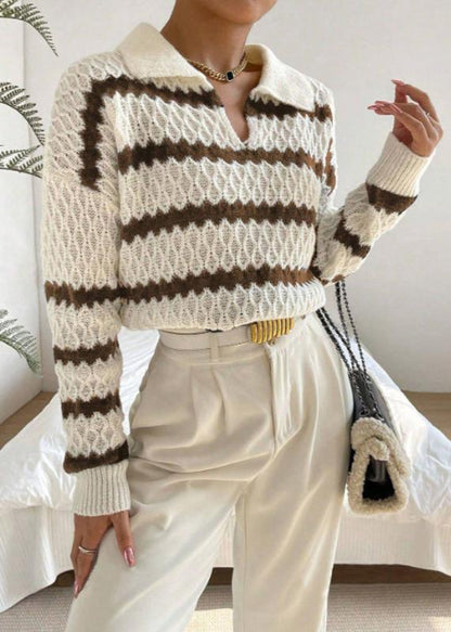 Polo Collar Textured Pullover – Elegant Striped Knitwear