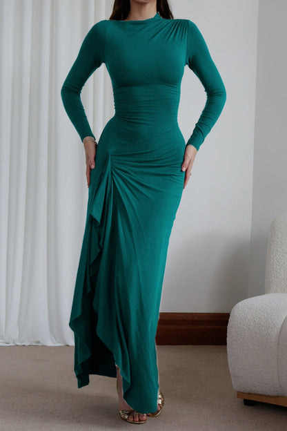 Slim Fit Pleated Long Sleeve Maxi Dress