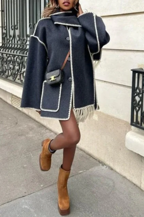 Scarf-Neckline Felt Woolen Coat