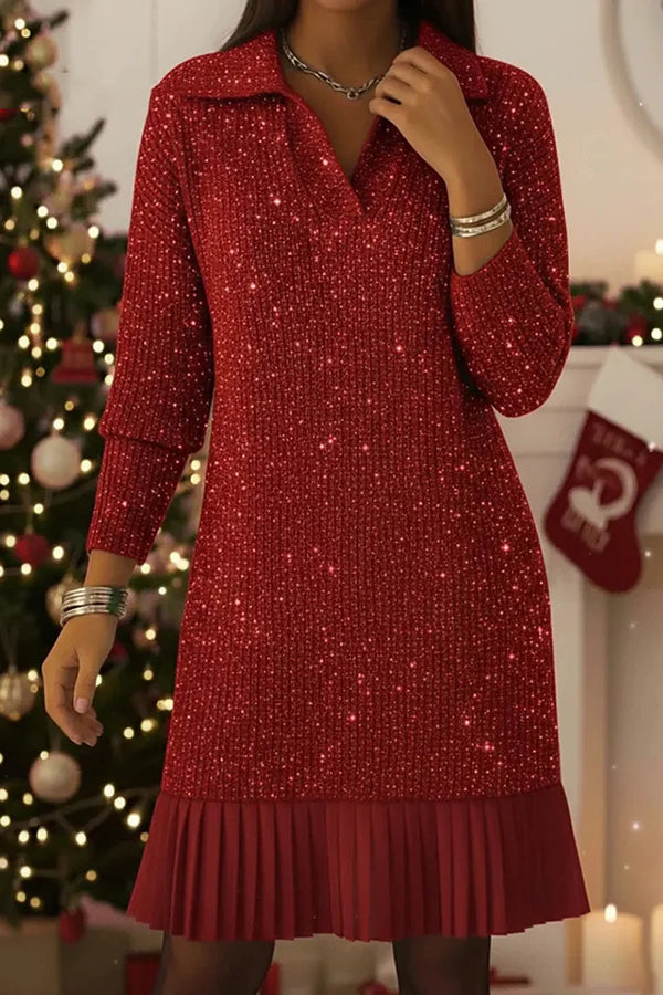 Solid Color Collared Long-sleeved Casual Pleated Knit Mini Dress