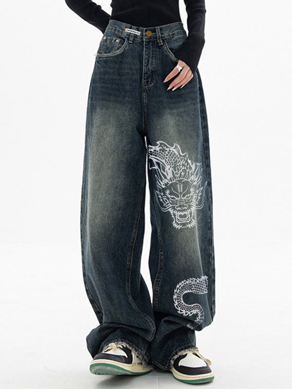 Vintage Dragon Print Boyfriend Jeans