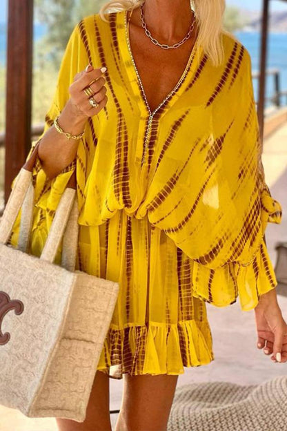 Lemon Flavor Tie Dye Ruffle Batwing Sleeve Elastic Waist Kaftan Mini Dress