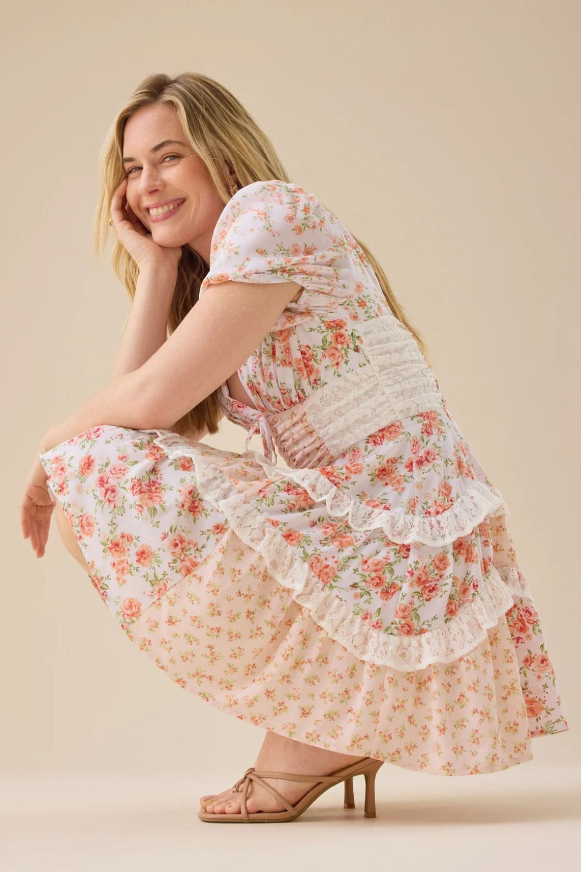 Floral Print Puff Sleeve Lace Smocked Waist Tiered Ruffle Mini Dress
