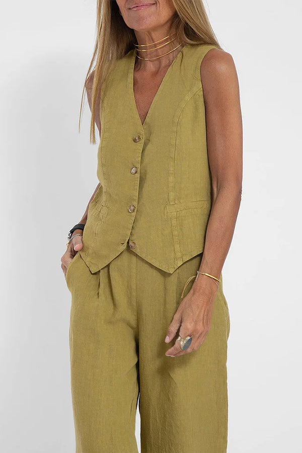 Women Casual Linen Waistcoat Two Set Suits