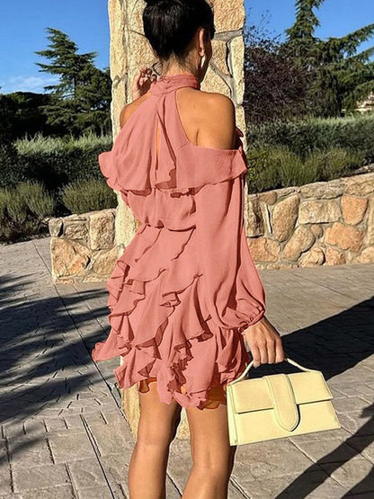 High Neck Cold Shoulder Ruffle Layered Lantern Sleeve Mini Dress For Women 2026