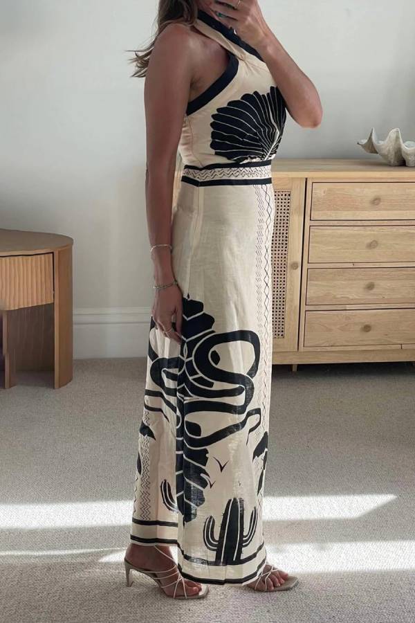 Elegant And Sexy Ethnic Print Slim-Fit Halter Neck Maxi Dress