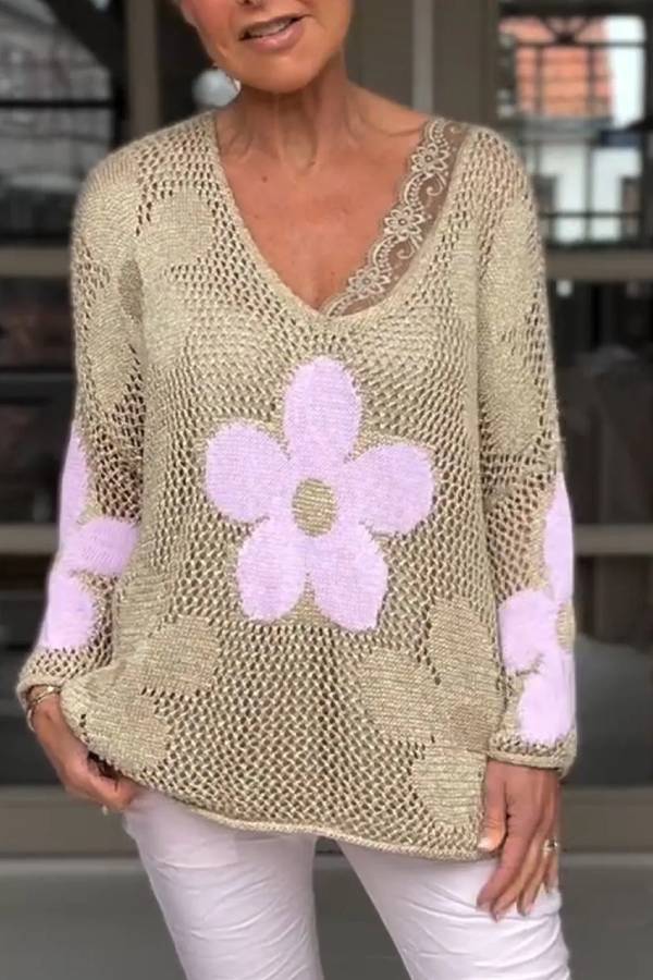 Floral Knitted Hollow V-neck Shirt Floral Mesh Sweater