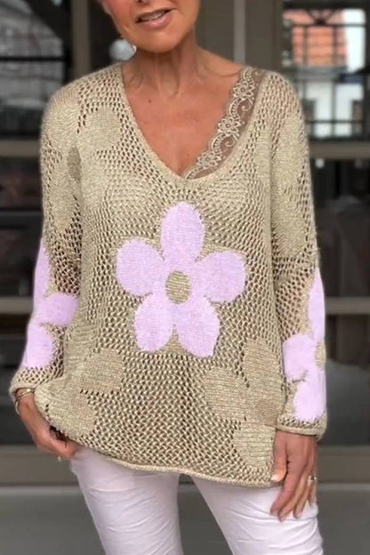 Floral Knitted Hollow V-neck Shirt Floral Mesh Sweater