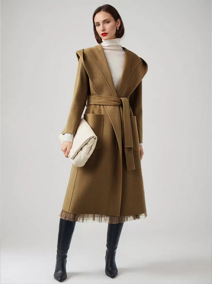 Wool Cashmere Blend Wrap Coat With Hood Double-Faced Camel Belted Winter Outerwear For Women 2026
