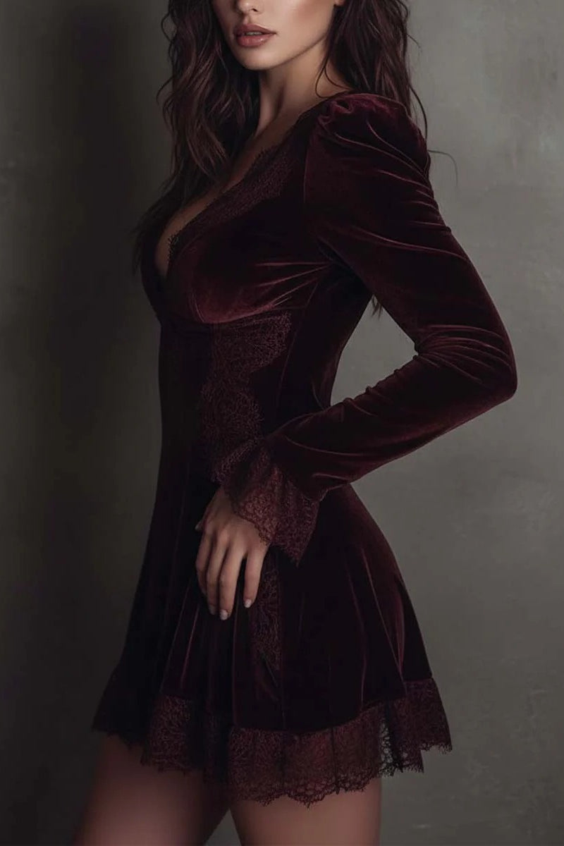 Velvet Lace Trim Mini Dress