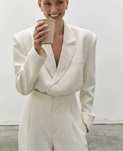 Beige Lapel Simple Trousers Office Two Piece Set