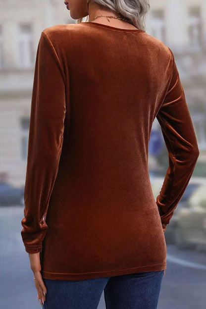 Gold velvet twist stretch crew neck long-sleeved top