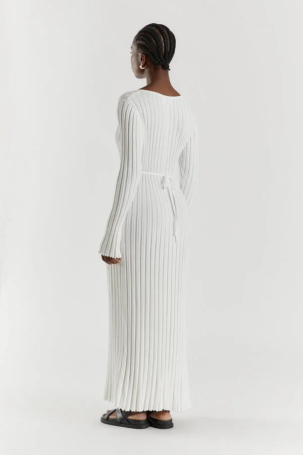 Rib Knit V-Neck Lettuce Edge Cuff Bodycon Maxi Dress