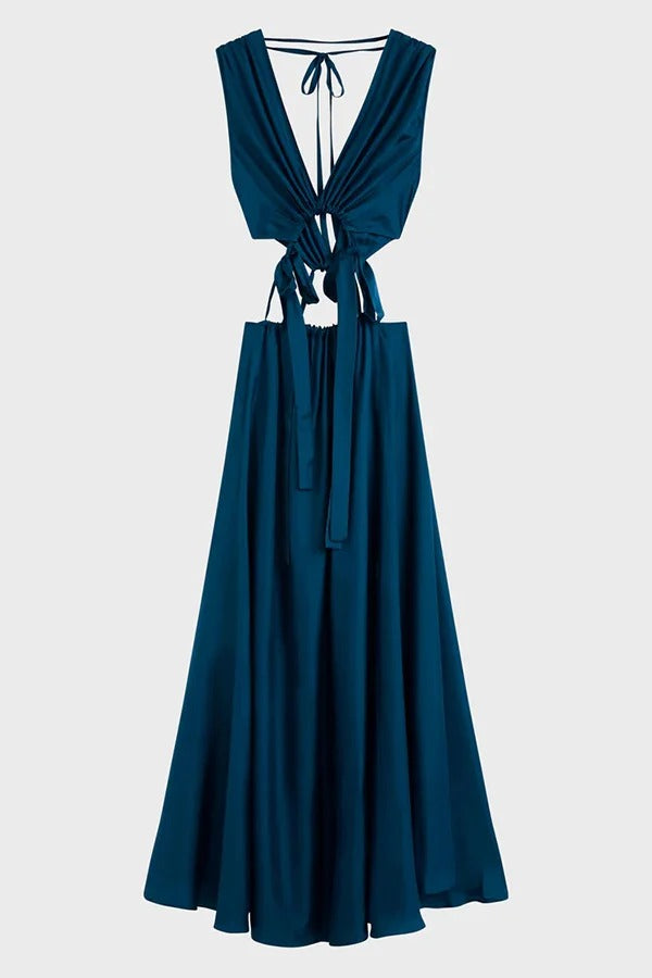 Midnight Charm Satin Ruched Cutout Tie-up Maxi Dress