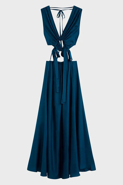 Midnight Charm Satin Ruched Cutout Tie-up Maxi Dress